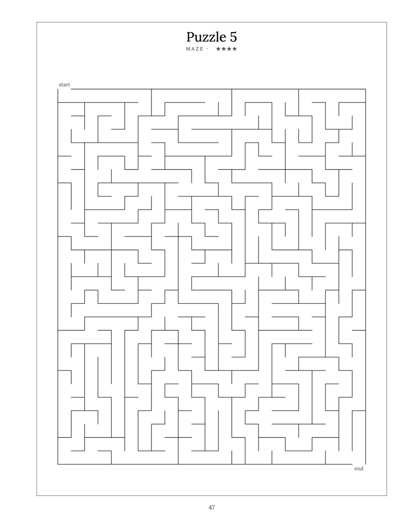 A finished maze page, with start at the top left and end at the bottom right.