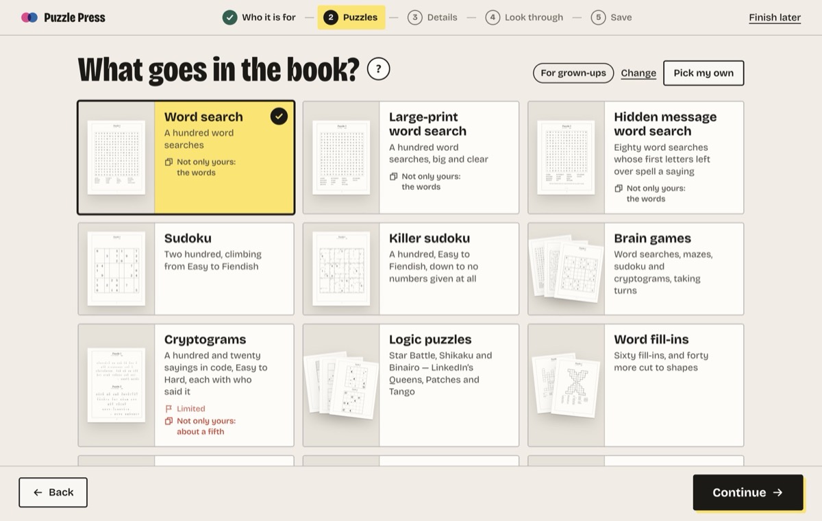 Step 2, What goes in the book? Ready-made books, each with a real page beside its name: Word search, Large-print word search, Hidden message word search, Sudoku, Killer sudoku, Brain games, Cryptograms, Logic puzzles and Word fill-ins. A button reads Pick my own.
