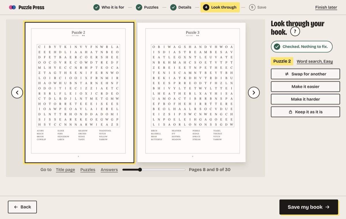 Step 4, Look through your book. Two word search pages side by side; one is chosen, and beside the pages are its buttons: Swap for another, Make it easier, Make it harder, Keep it as it is. A badge reads Checked. Nothing to fix.
