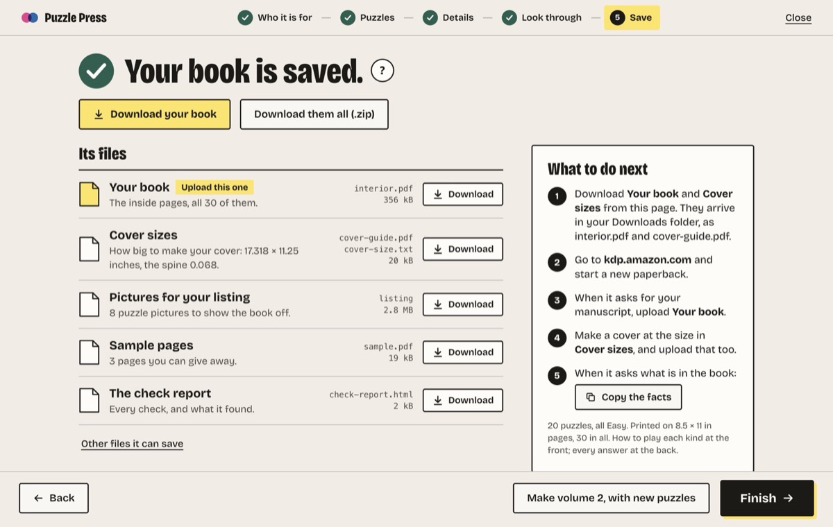 Step 5, Your book is saved. A yellow button reads Download your book, and beside it one to download them all. Under them its files, each with a Download button: the book itself as interior.pdf, the cover sizes, eight pictures for the listing, sample pages and the check report. Beside them, what to do next: download the book and the cover sizes, then go to KDP.