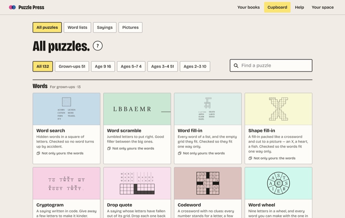 The cupboard, at All puzzles: 132 kinds, sorted for grown-ups and for children by age, each shown by a small piece of one of its pages. The first row: Word search, Word scramble, Word fill-in and Shape fill-in.