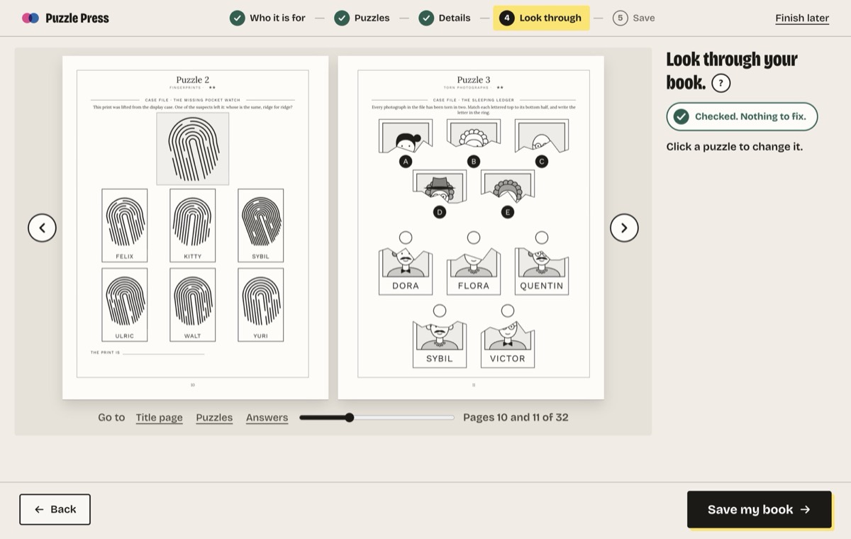 Puzzle Press in a browser at Look through, with a book of detective puzzles open: a fingerprints page beside a torn photographs page. A badge reads Checked. Nothing to fix.