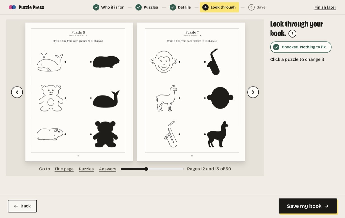 Puzzle Press in a browser at Look through, with a book for ages 3 and 4 open at two shadow match pages: animals and things down one side, their black shadows down the other. A badge reads Checked. Nothing to fix.