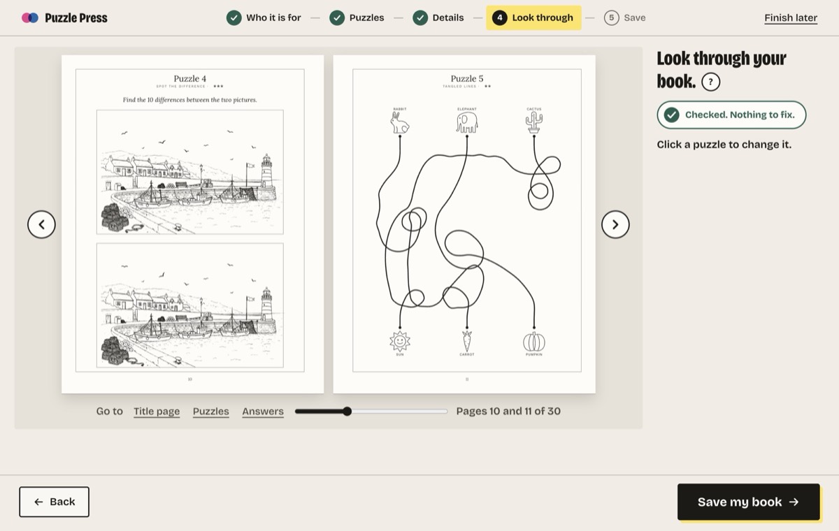 Puzzle Press in a browser at Look through, with a book open at a spot the difference page, two drawings of a harbour, beside a tangled lines page. A badge reads Checked. Nothing to fix.