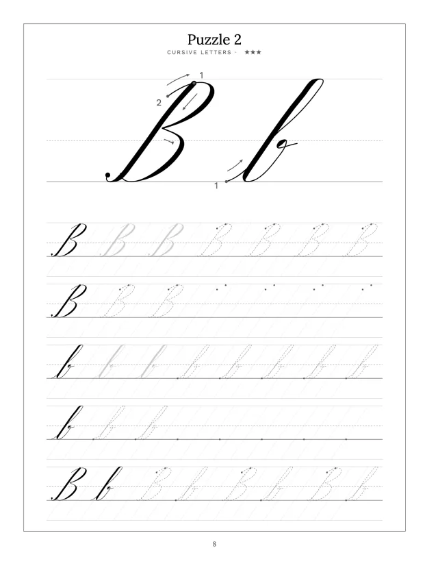 A finished cursive letters page: a large capital and small letter B in flowing script with the strokes numbered, and ruled rows of fainter letters to trace.
