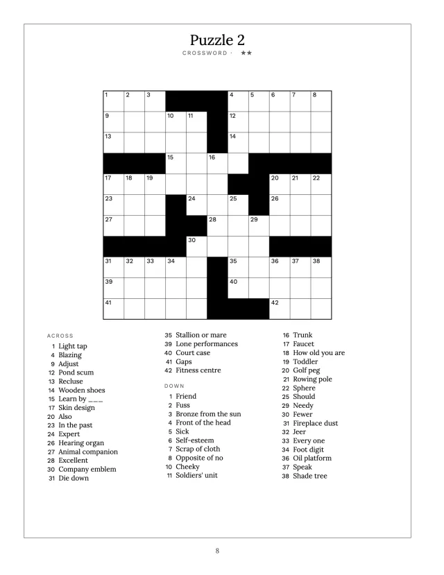 A finished crossword page: a numbered grid with black squares, and the clues across and down in columns beneath it.