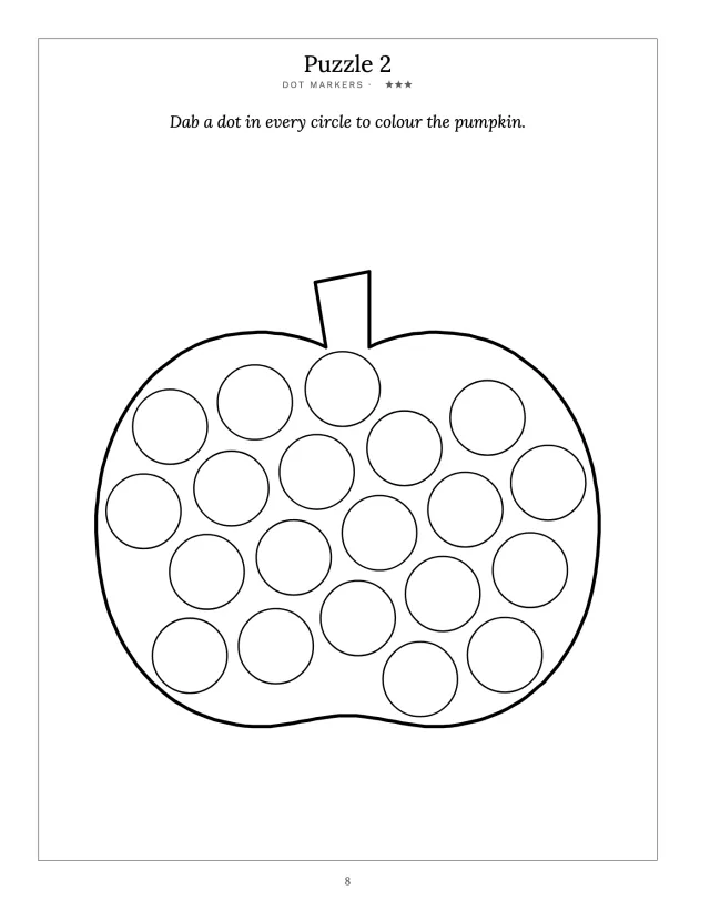 A finished dot markers page for ages 3 and 4: the outline of a large pumpkin filled with circles to dab with a marker.