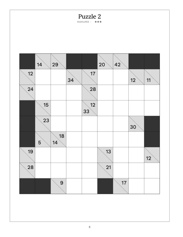 A finished kakuro page: a grid of white squares to fill and dark squares, with the total for each run of squares printed in a corner.