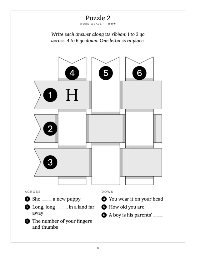 A finished word weave page for age 9: three ribbons across and three down, woven over and under one another, each numbered, with one letter in place and the clues beneath.