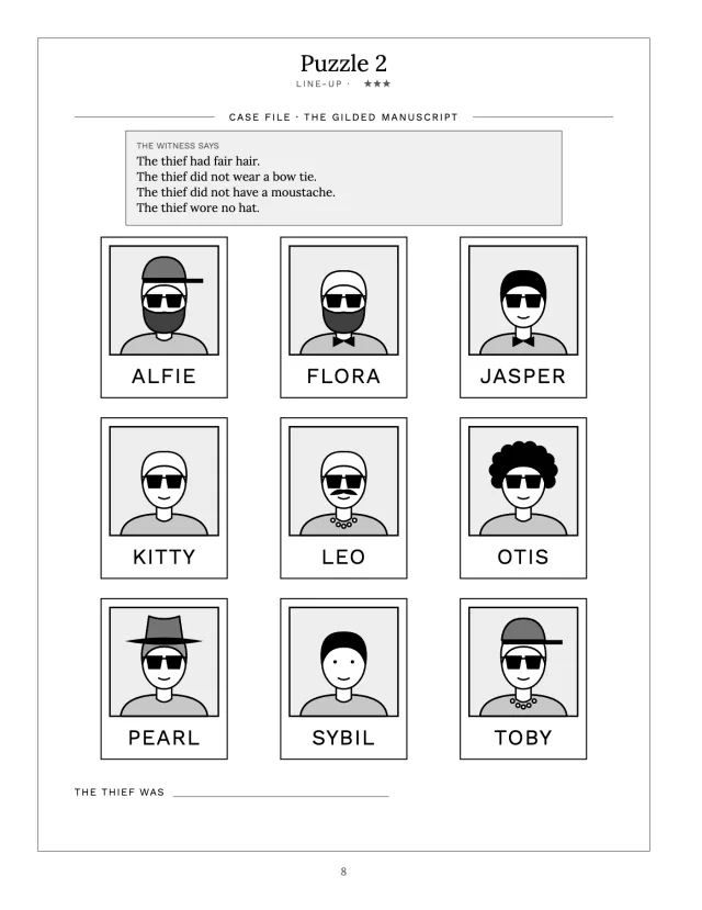 A finished line-up page from a detective case file: a box of what the witness said, and nine named portraits of suspects in three rows.