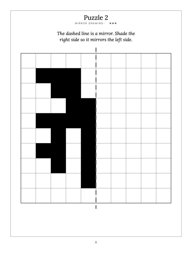 A finished mirror drawing page for age 9: a squared grid with a shape shaded in black on the left of a dashed line, and the right side left empty to shade as its mirror.