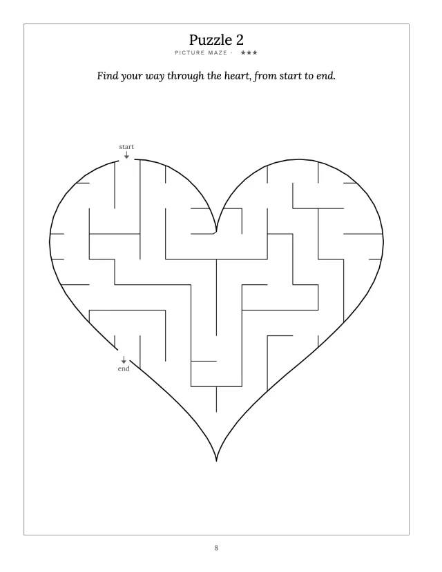 A finished picture maze page for age 9: a maze in the shape of a heart, with the start at the top and the end at the bottom.