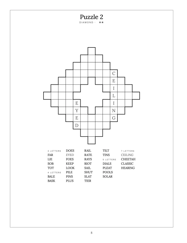 A finished shape fill-in page: an empty crossword-style grid in the shape of a diamond with a few letters given, and under it the list of words to fit in, sorted by length.