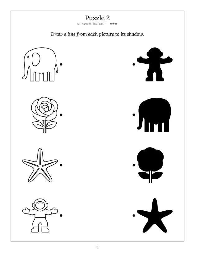 A finished shadow match page for ages 3 and 4: four line drawings down the left, an elephant, a rose, a starfish and an astronaut, and their solid black shadows down the right in a different order.