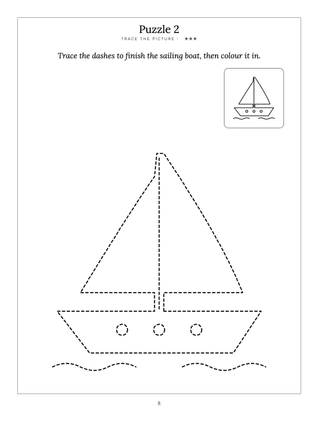A finished trace the picture page for ages 3 and 4: a large sailing boat drawn in dashes to trace over, with a small finished one in the corner to look at.