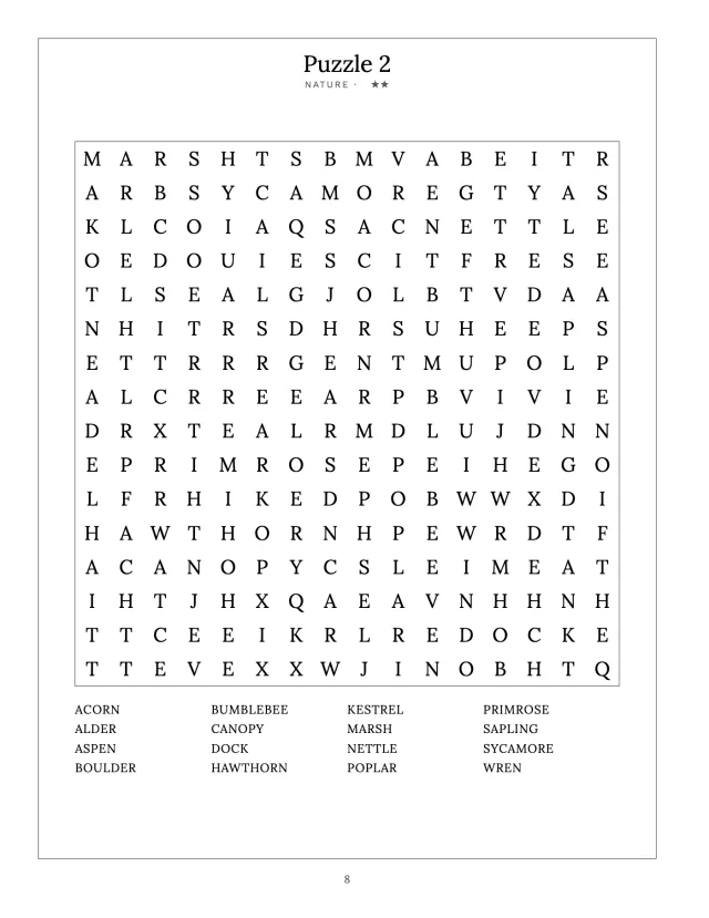A finished word search page: a square grid of letters with sixteen nature words listed beneath it.