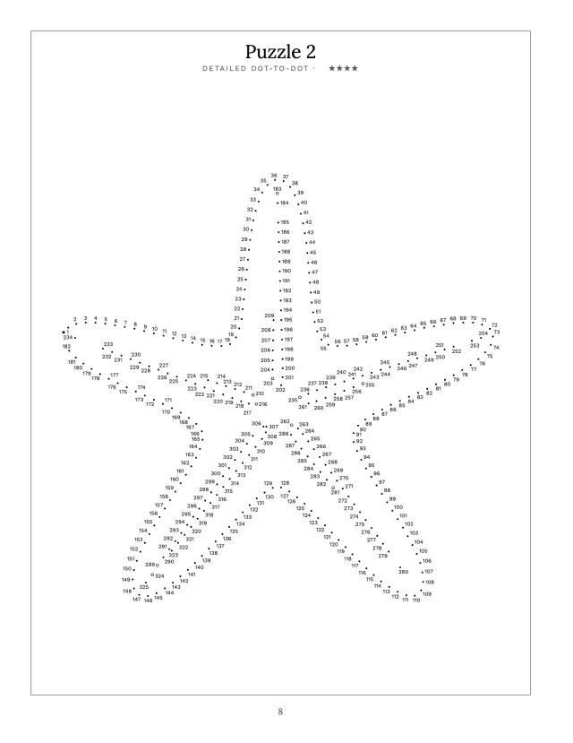 A finished detailed dot-to-dot page: several hundred small numbered dots that trace the outline of a starfish.