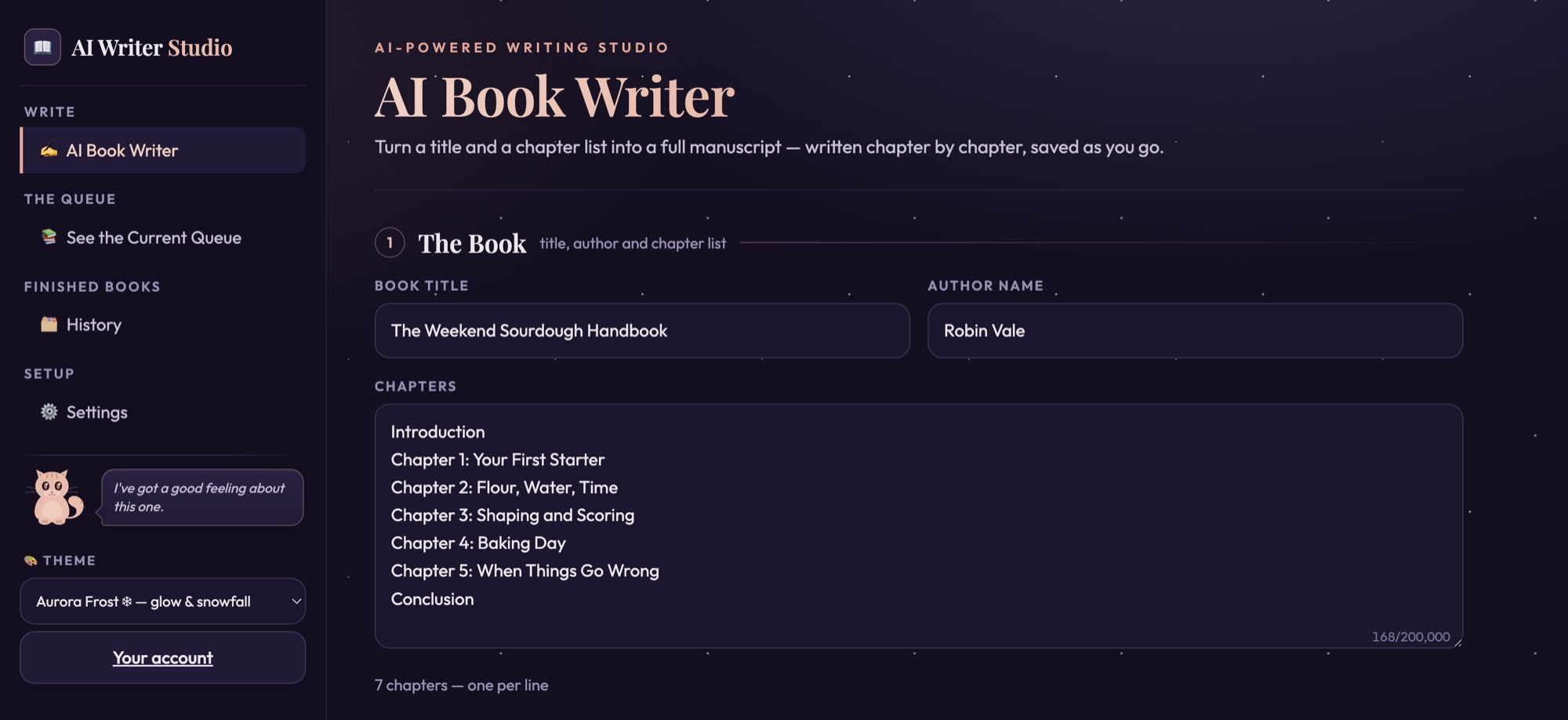 AI Writer in a browser, as a customer sees it. A form holds a book title, an author name and a list of seven chapters. A menu down the left side lists Write, The Queue, Finished Books and Setup, with a Your account button beneath.